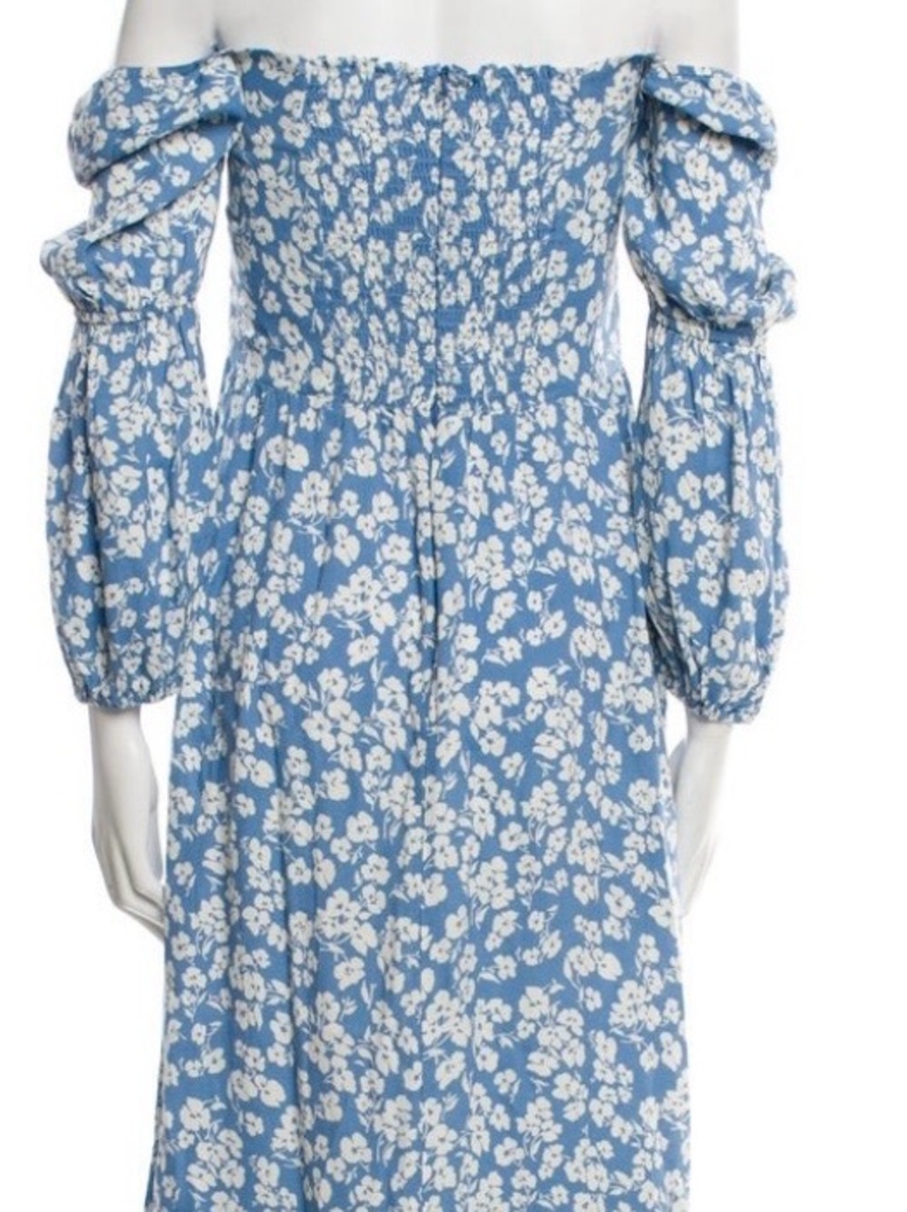 Reformation Blue and White Floral Off-Shoulder Midi Dress